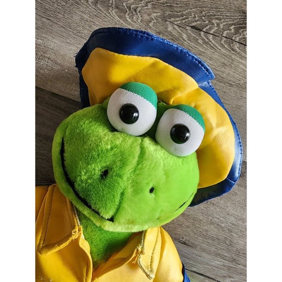 Plush Green Frog Yellow Raincoat Stuffed Animal PEEK-A-BOO Toys Spring - Picture 2 of 8